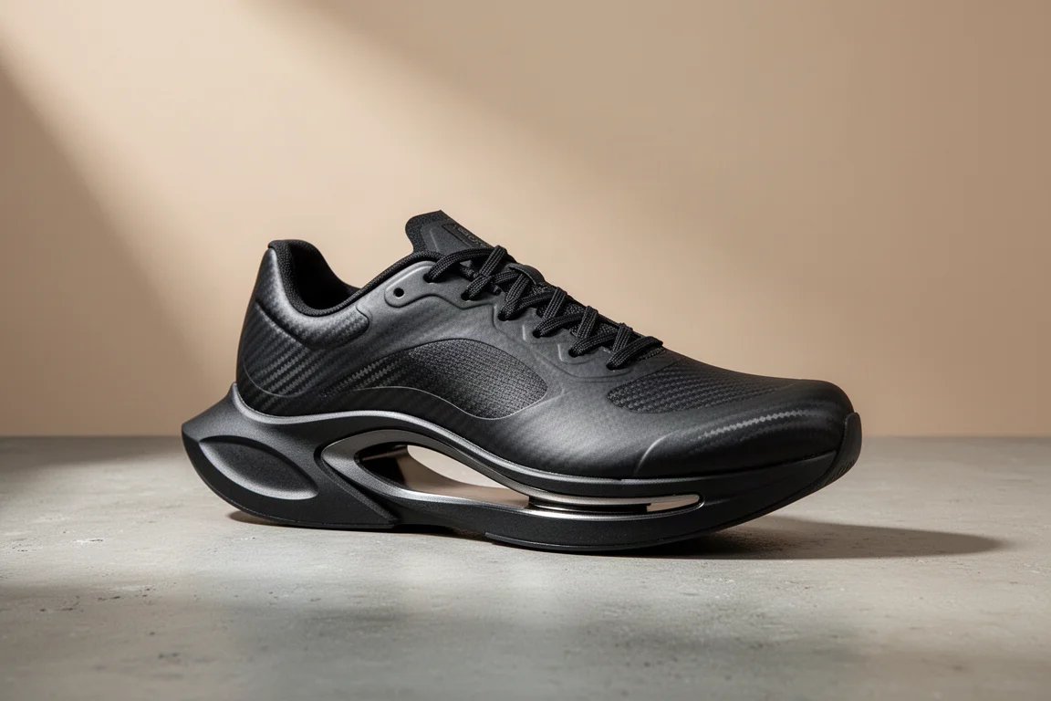 Black carbon-plated racing shoe at a three-quarter angle on concrete
