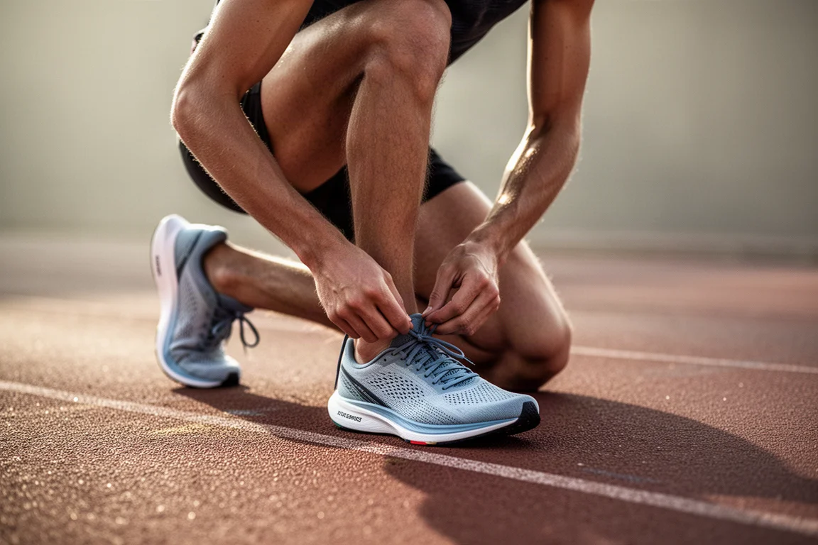 Läufer schnürt leichte Low-Stack-Rennschuhe vor einer schnellen Einheit