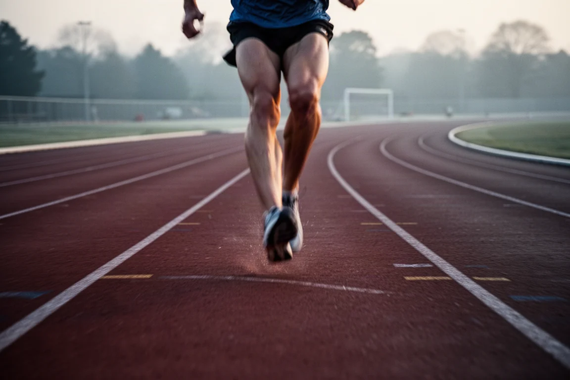 Sprinter läuft bei frühem Morgenlicht auf einer Leichtathletikbahn
