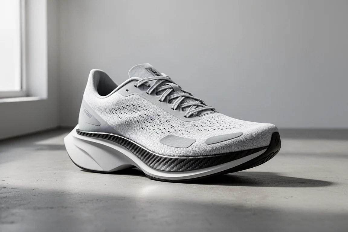 Low-stack carbon-plated running shoe on a matte concrete surface