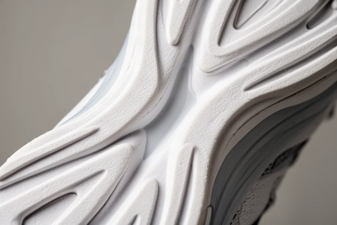 Close-up of a running shoe midsole showing layered foam and rocker geometry