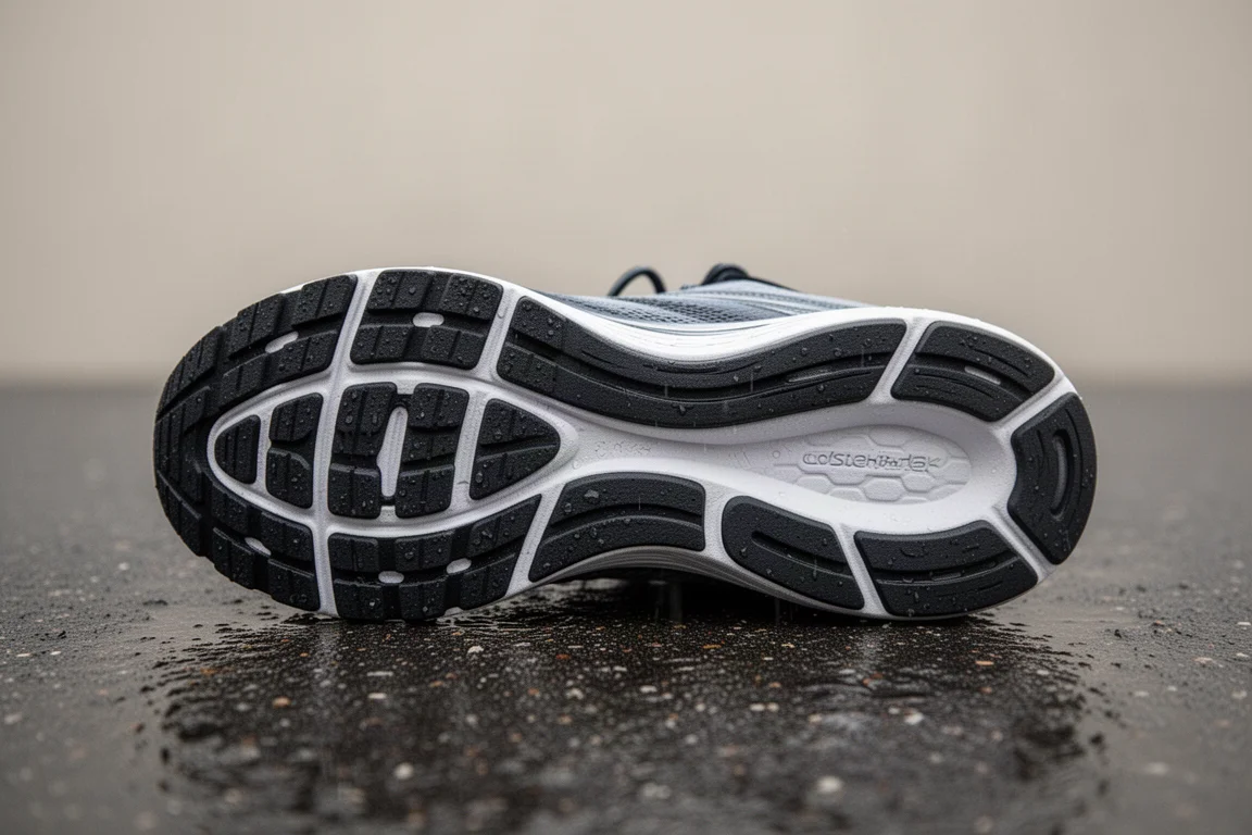 Two running shoes side by side on a pavement next to a runner's feet