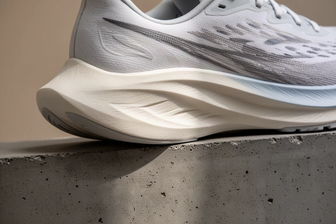 Close-up of a tall midsole showing heel-to-forefoot stack and 6mm drop geometry
