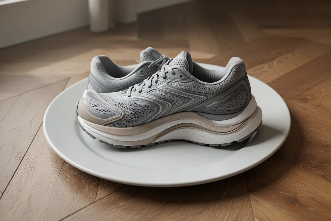 Midfoot and sidewall detail of a plated running shoe showing structured upper