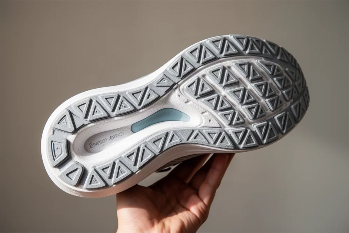 Sola de um tênis de corrida mostrando o padrão triangular de borracha da outsole