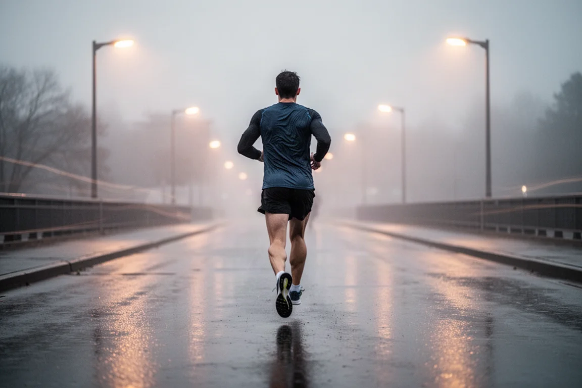 Corredor em um treino longo de ritmo leve no asfalto molhado ao entardecer