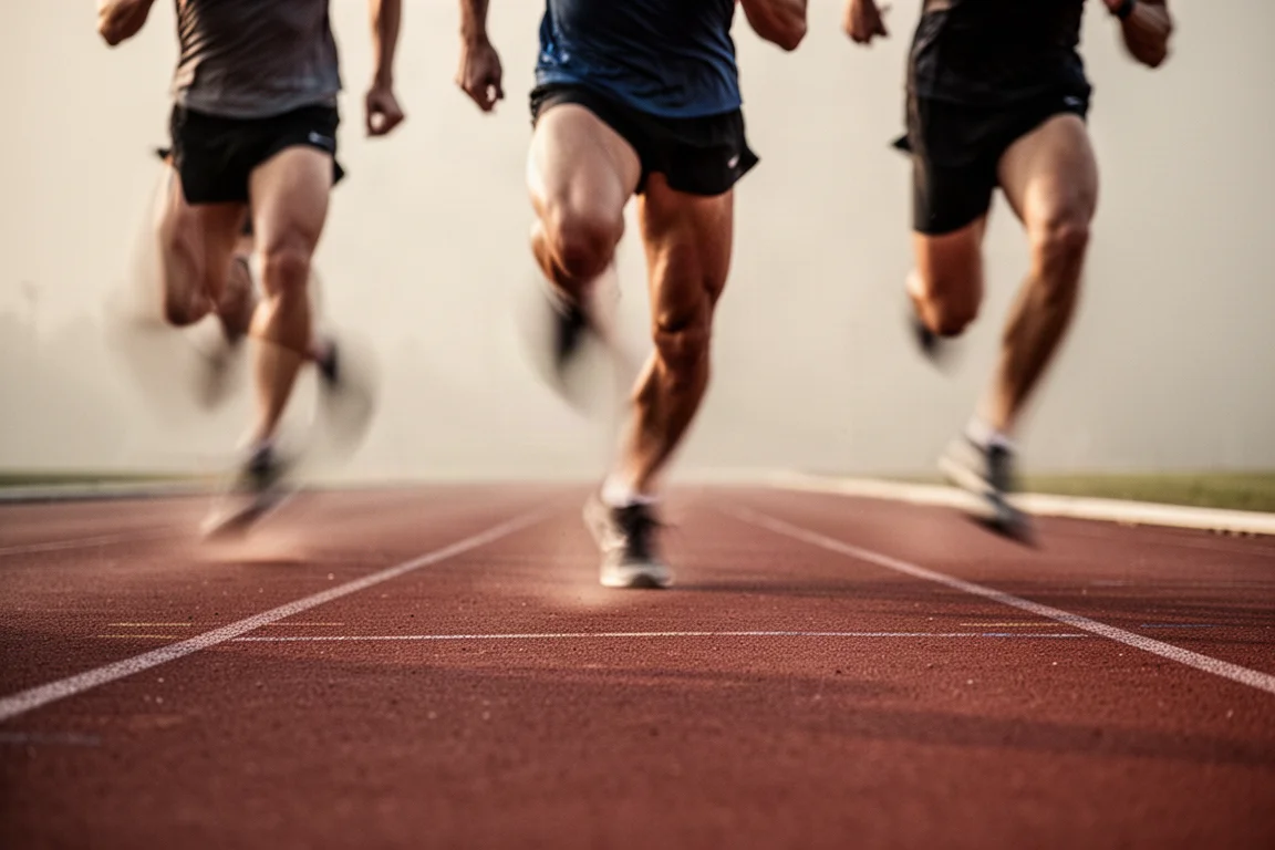 Friidrottare som sprintar på en röd löparbana i mjukt dagsljus