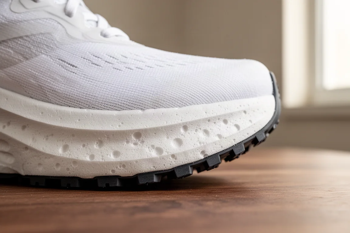Gros plan sur la semelle intermédiaire d'une chaussure de trail montrant l'amorti en mousse