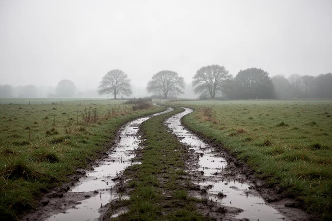 Sentier boueux et meuble avec herbe et forêt par temps couvert
