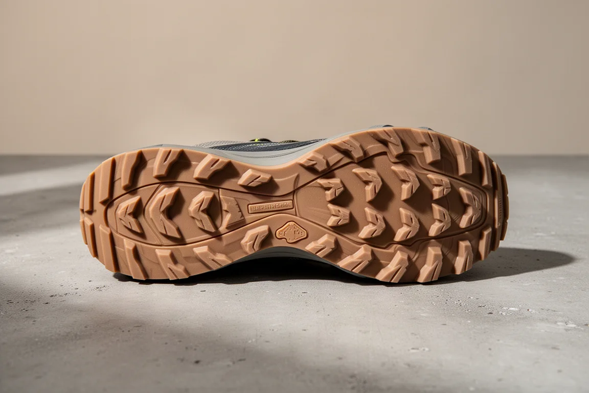 Semelle extérieure d'une chaussure de trail avec crampons en caoutchouc vue de dessous