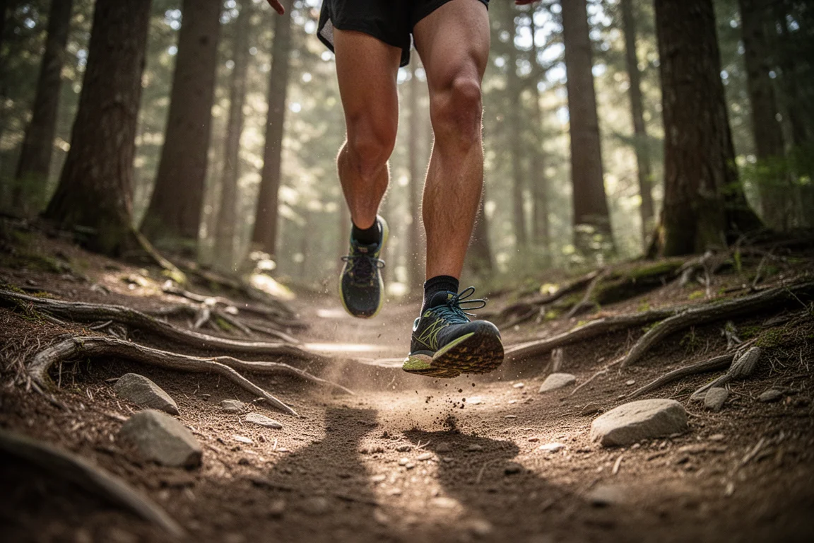 Pies de un corredor de trail sobre un sendero forestal con raíces bajo un sol brillante
