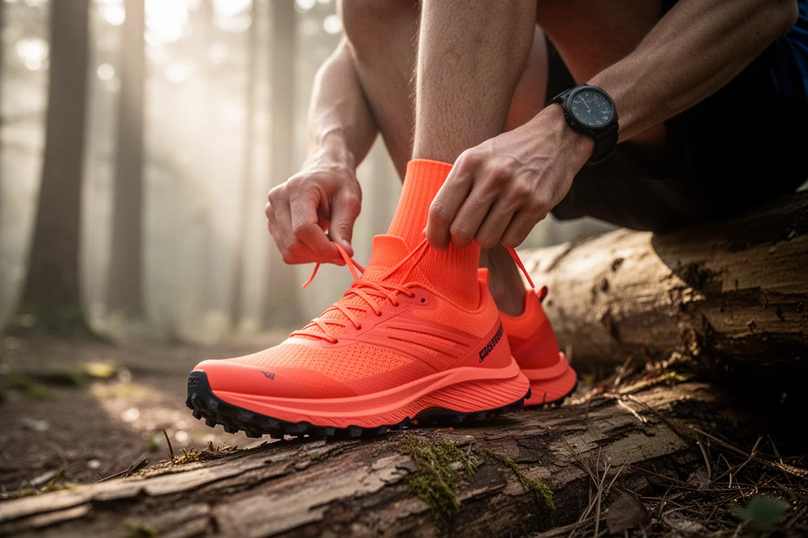 Corredor atándose los cordones de una zapatilla de trail al borde del bosque