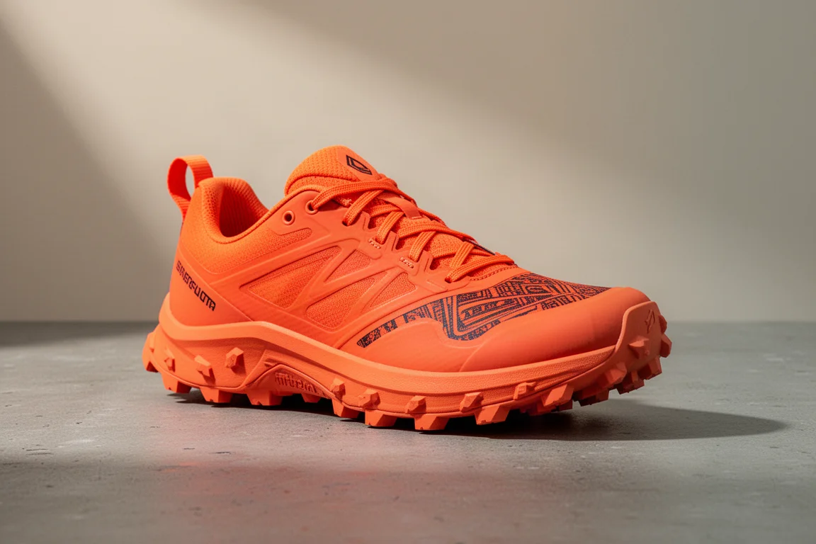 Bright orange New Balance FuelCell Summit Unknown V4 trail shoe on concrete