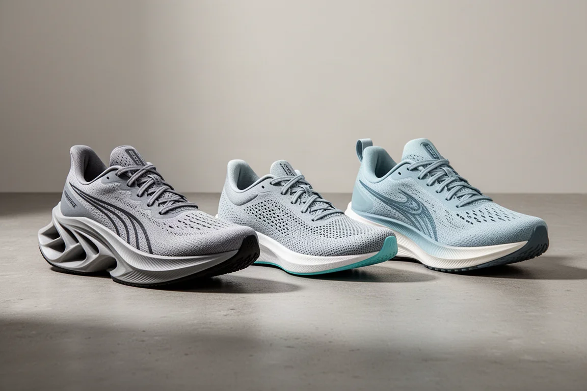Three New Balance FuelCell running shoes arranged side by side on a concrete surface