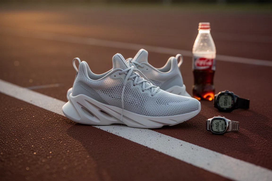 Zapatilla de competición apoyada en el borde de una pista de atletismo con equipo de entrenamiento cerca