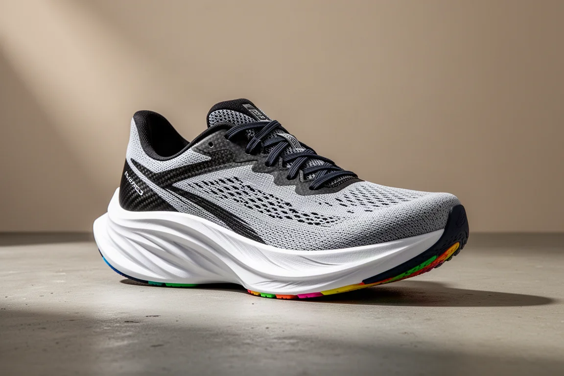 Carbon plate racing shoe with thick sculpted midsole on a concrete surface