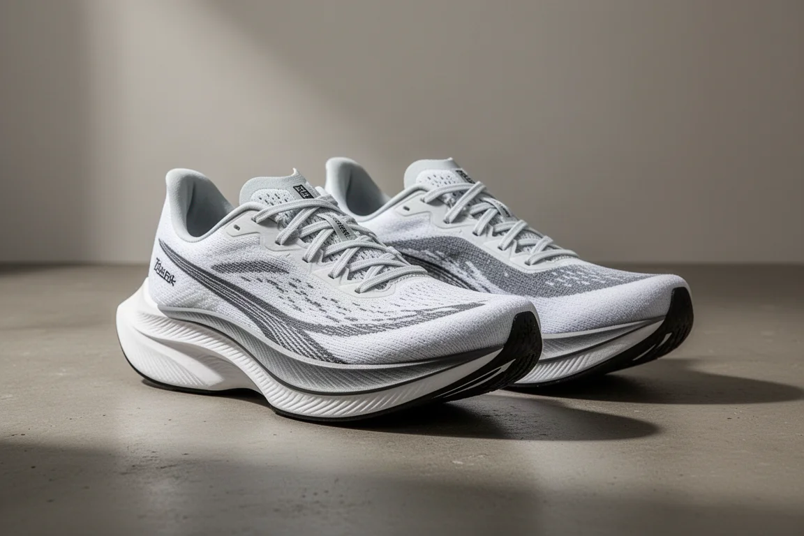 New Balance racing running shoe with thick white midsole on concrete surface