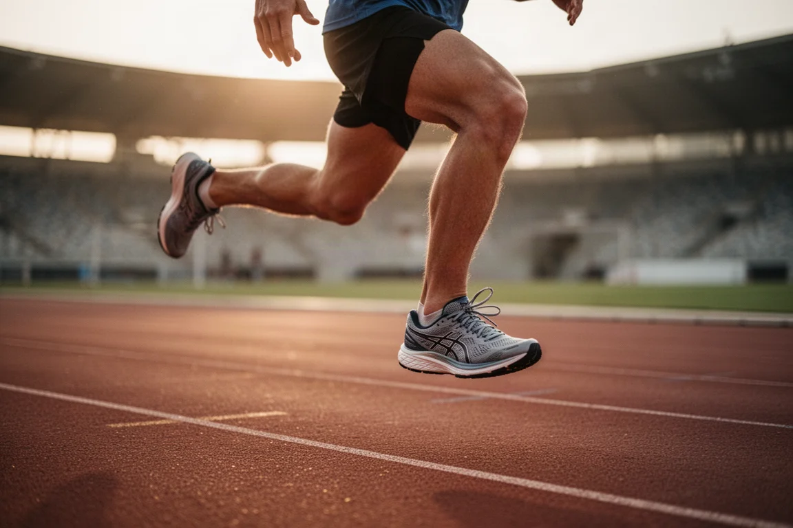 Corredor fazendo tiros intervalados em pista de atletismo com tênis de corrida