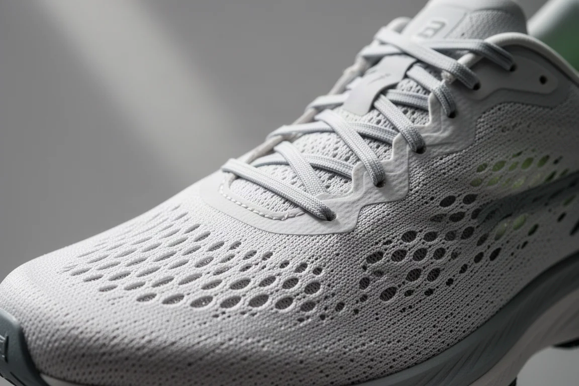 Gros plan sur une tige de chaussure de course fine et respirante avec de larges perforations en mesh