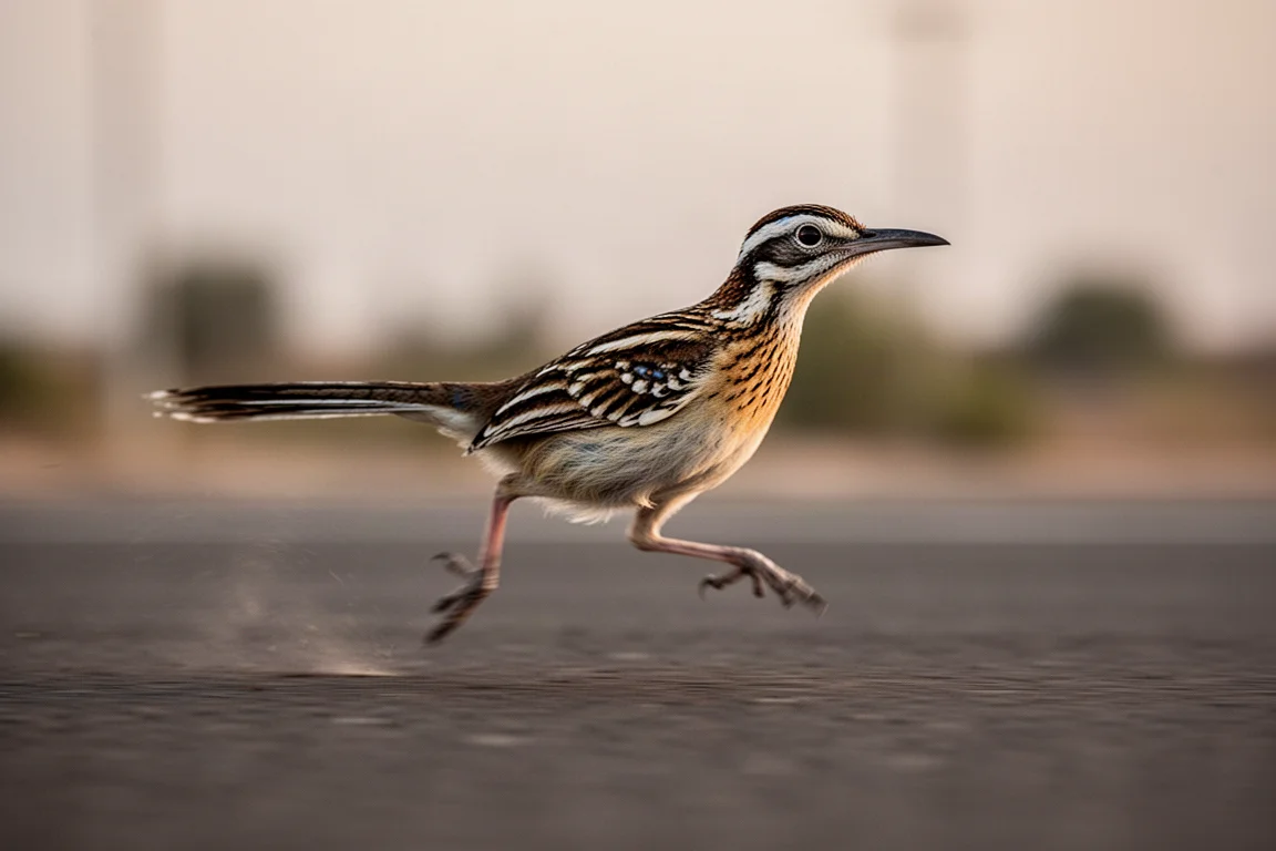 Coureur en mouvement rapide sur une route goudronnée en début de soirée
