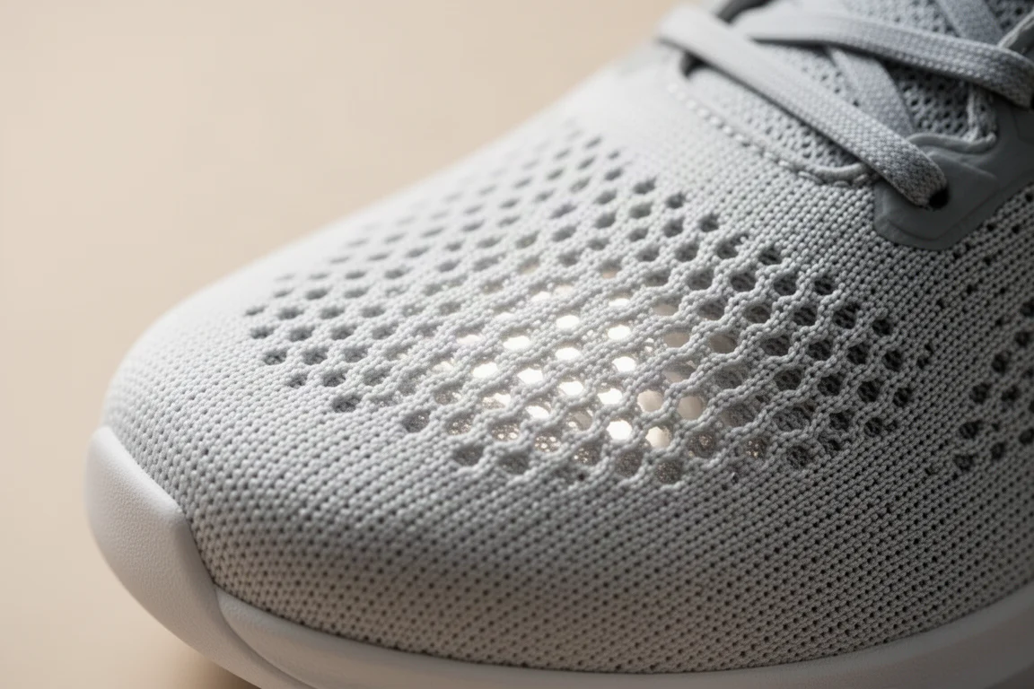 Close-up of an engineered mesh toe box showing fine airflow texture