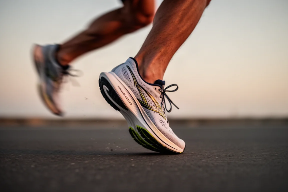 Runner's foot striking pavement on a tempo run at dusk