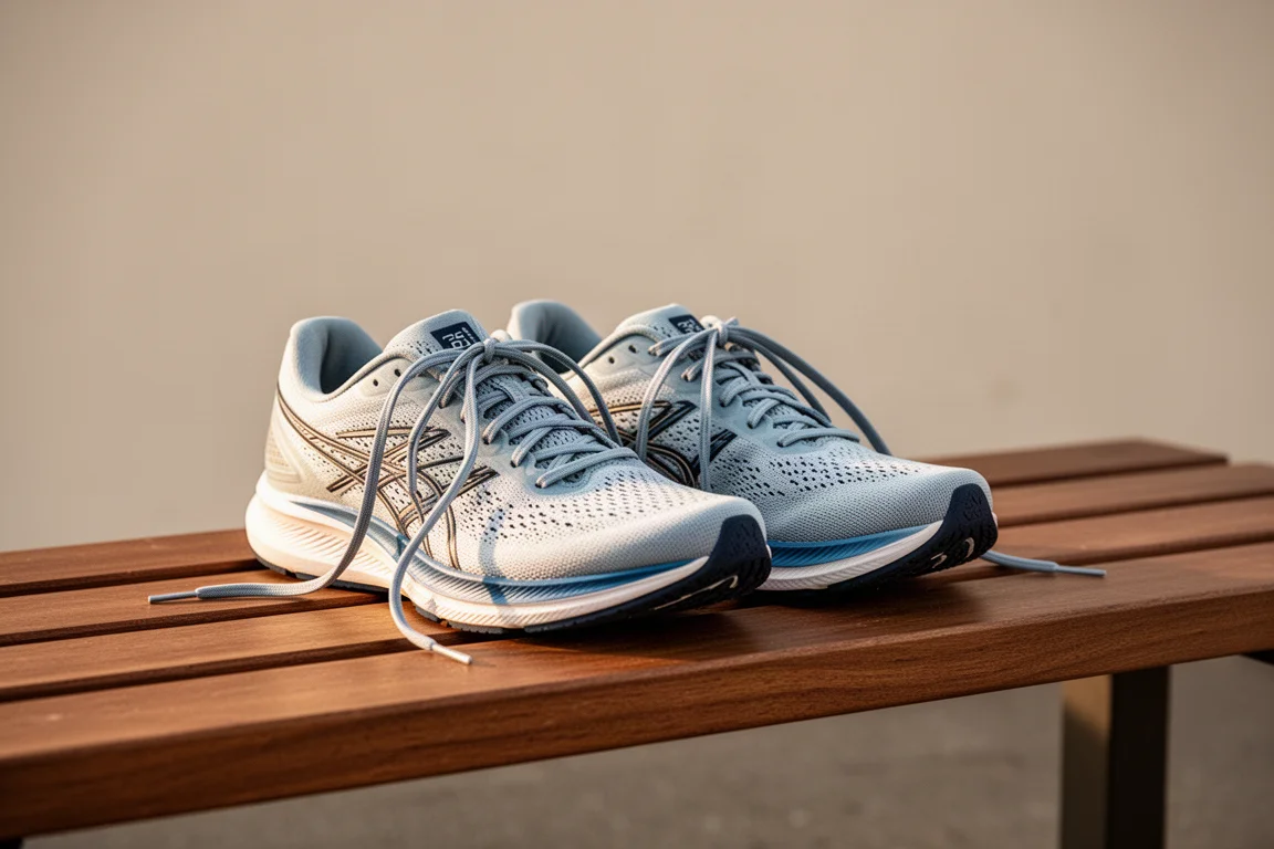 Pair of running shoes resting on a wooden bench after a training run
