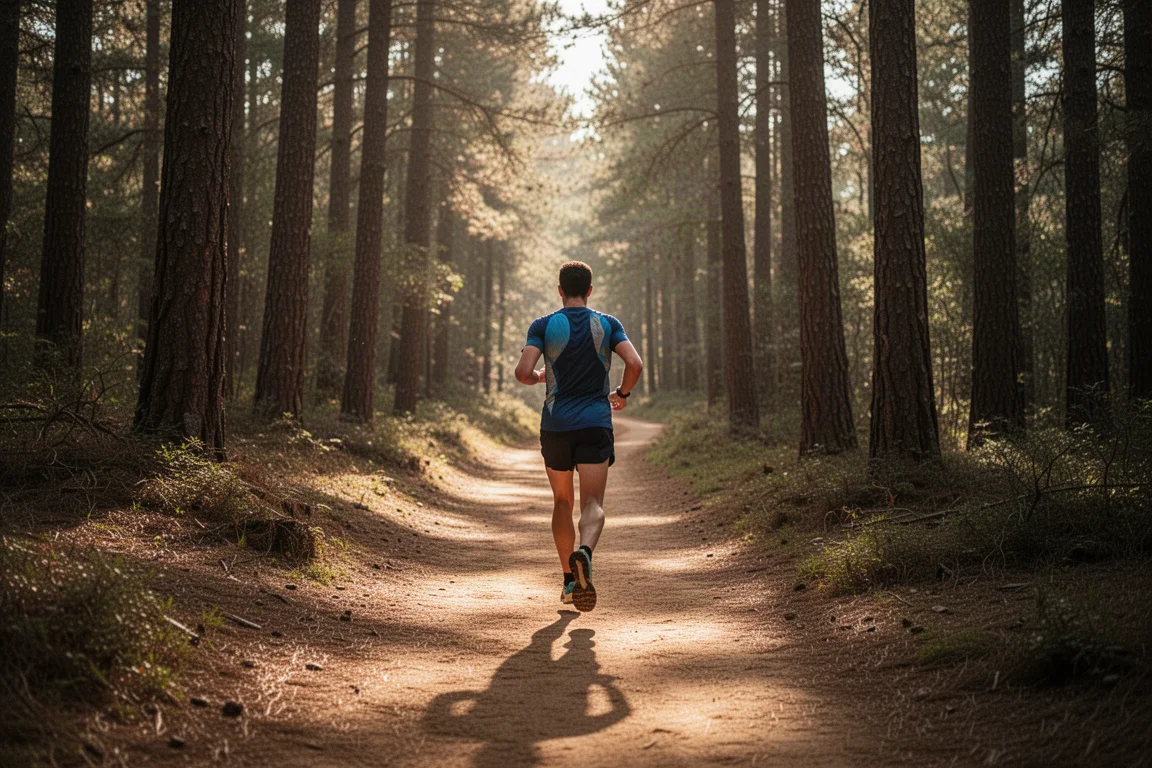 Trailrunner vertrekt op een zongebakken bos-pad met hoge tussenzool-schoenen