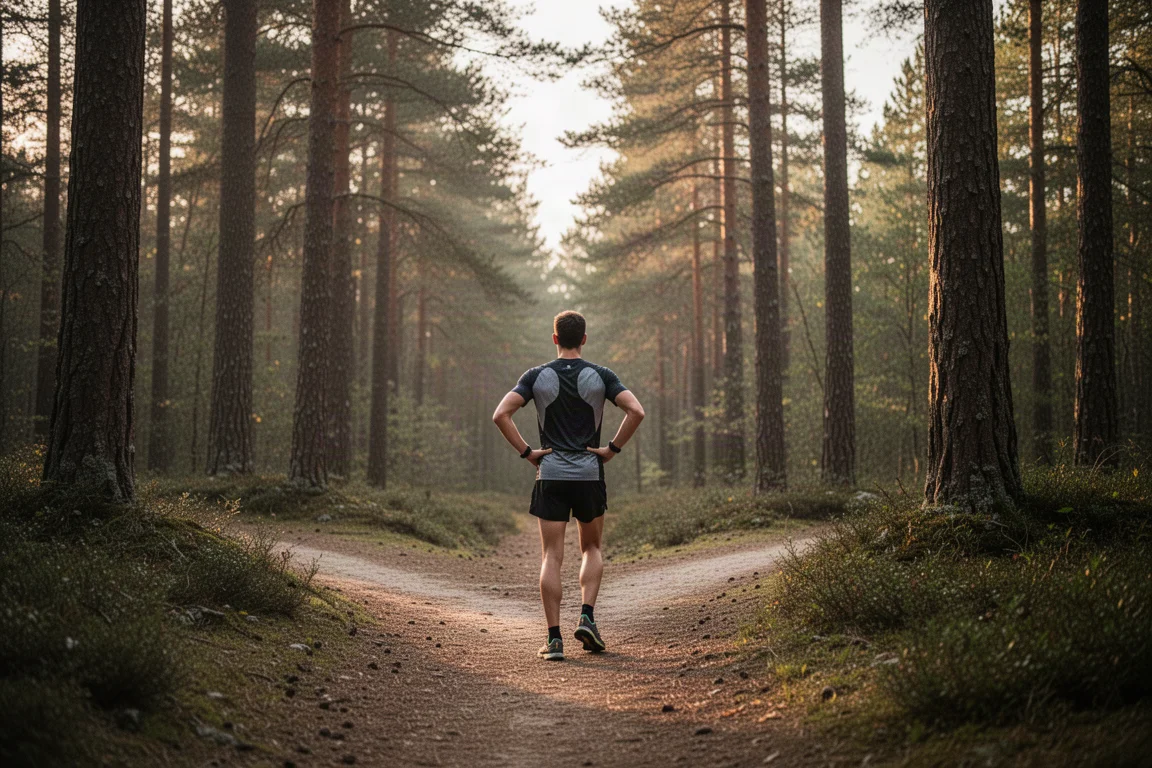 Trailrunner rust uit op een bospad na een lange looptraining