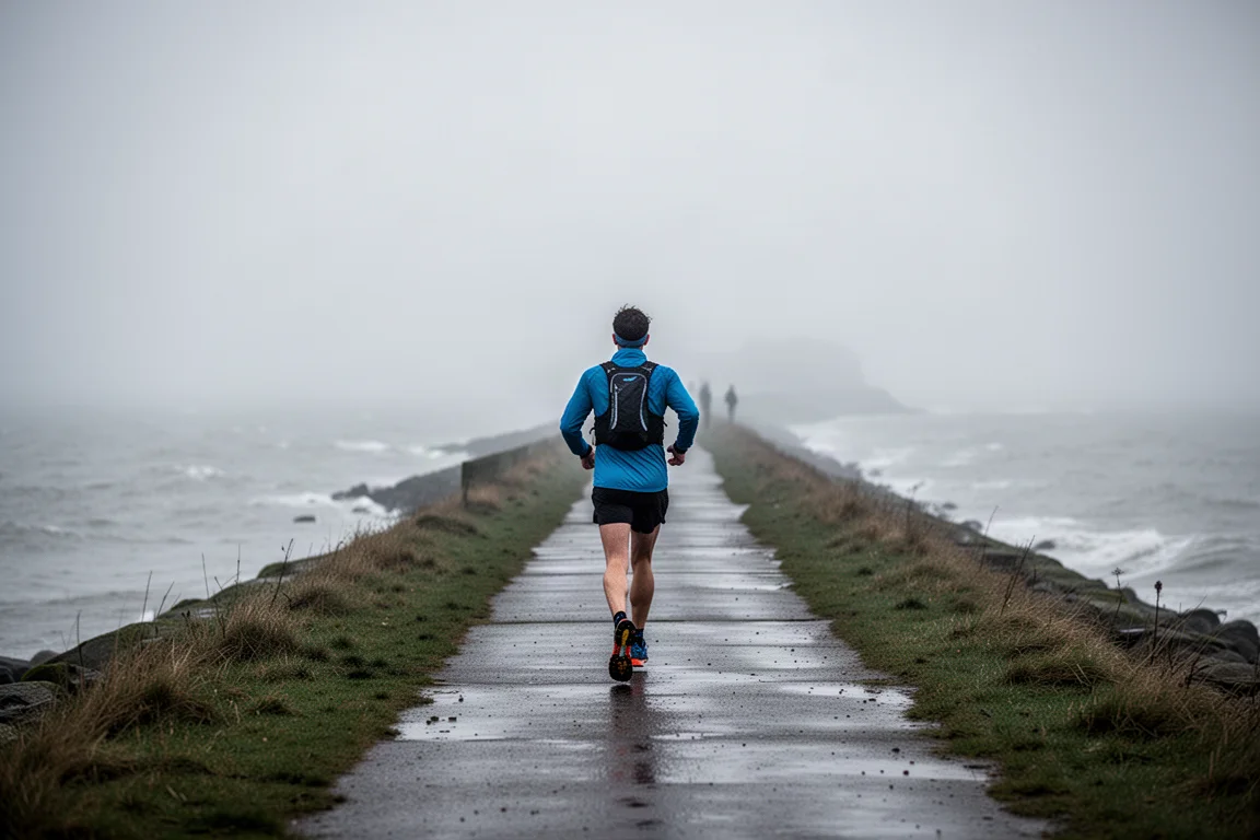 Coureur s'élançant sur un sentier côtier humide et couvert, lampe frontale à la main