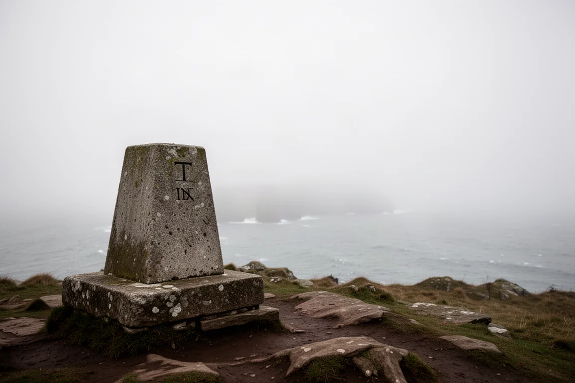 Point géodésique au sommet d'une falaise sous un ciel couvert, face à un horizon marin gris