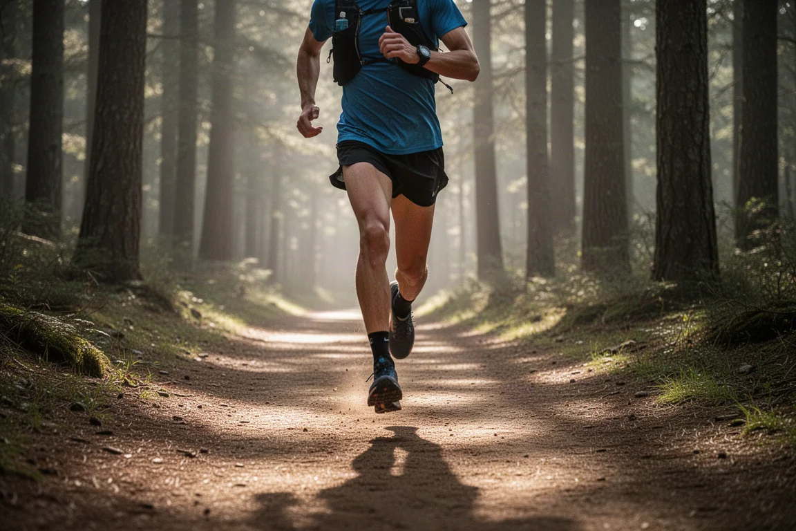 Trail runner in corsa veloce lungo un sentiero forestale spianato con terra compatta