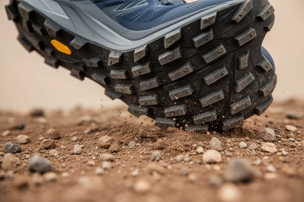Primo piano della suola di una scarpa da trail con tasselli larghi e piatti su terreno roccioso