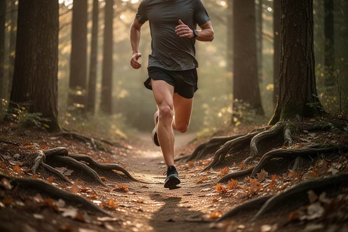 Runner in corsa su un soffice sentiero forestale durante un lungo fondo facile