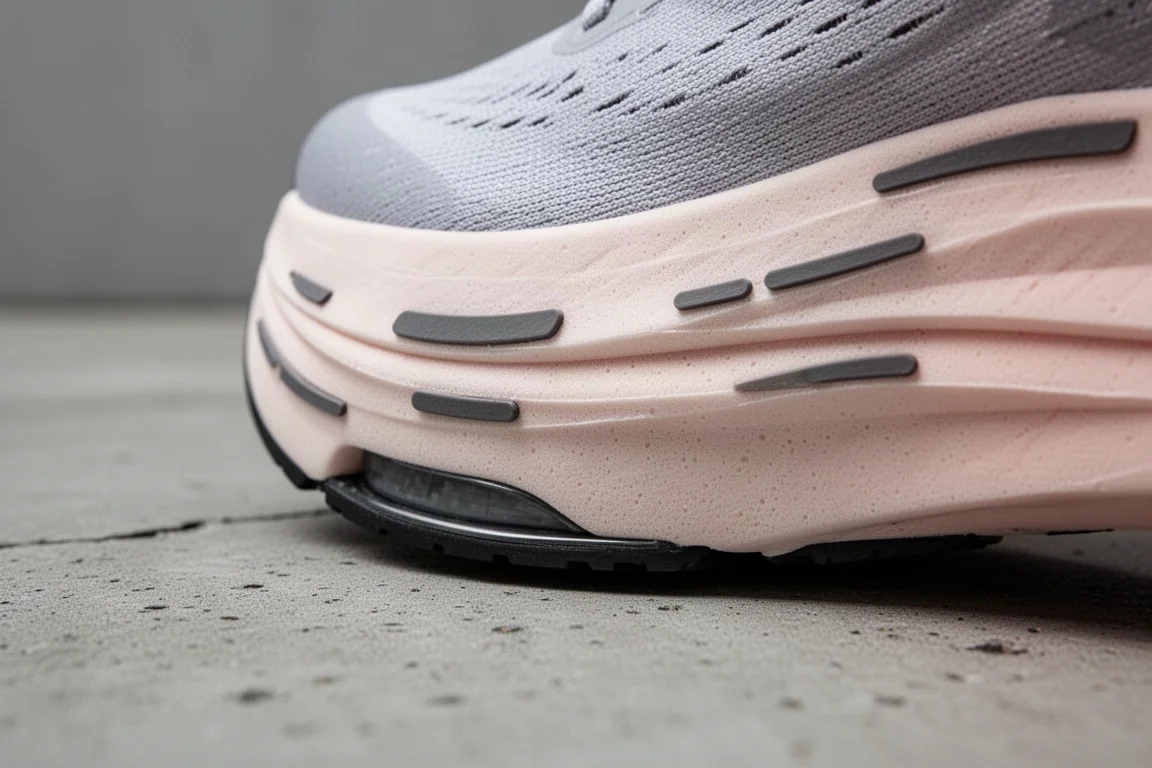 Close-up of a soft knit and mesh shoe upper around the toe box