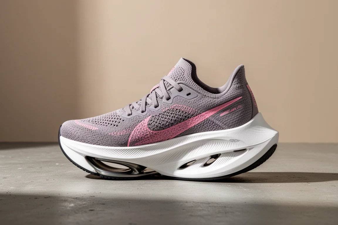 Max-cushion running shoe with tall white midsole on a concrete surface