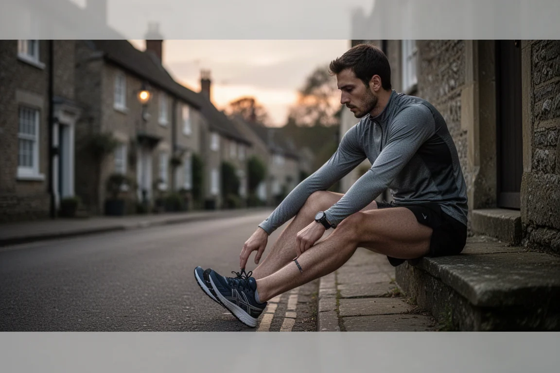 Runner che si allunga su una soglia al tramonto con un paese di campagna sullo sfondo