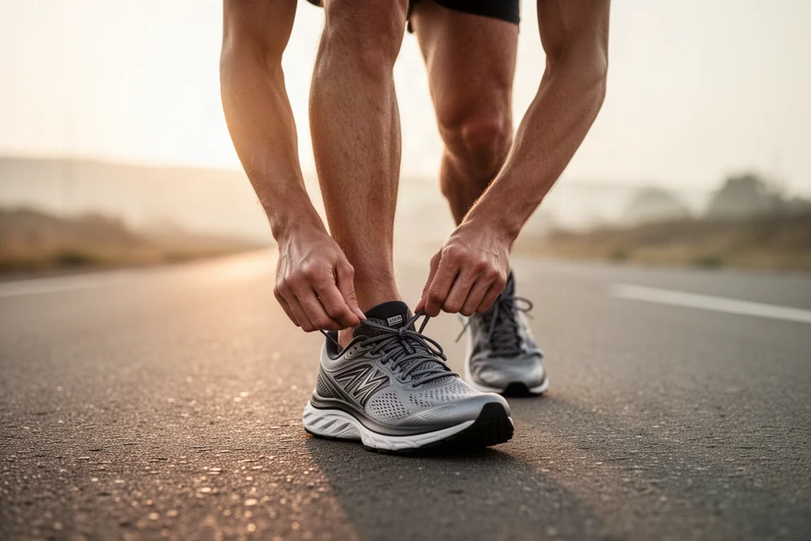 Runner lacing up a thick-soled running shoe on a quiet morning street