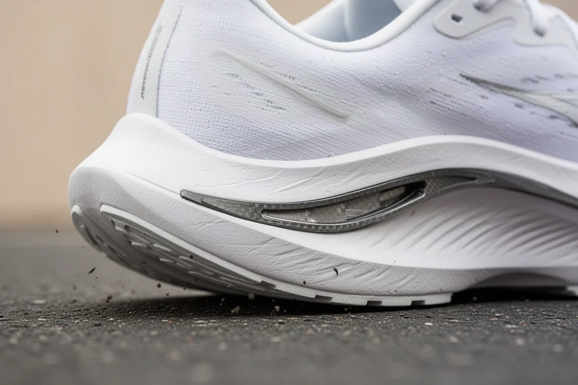 Close-up of a thick midsole stack compressing against smooth pavement