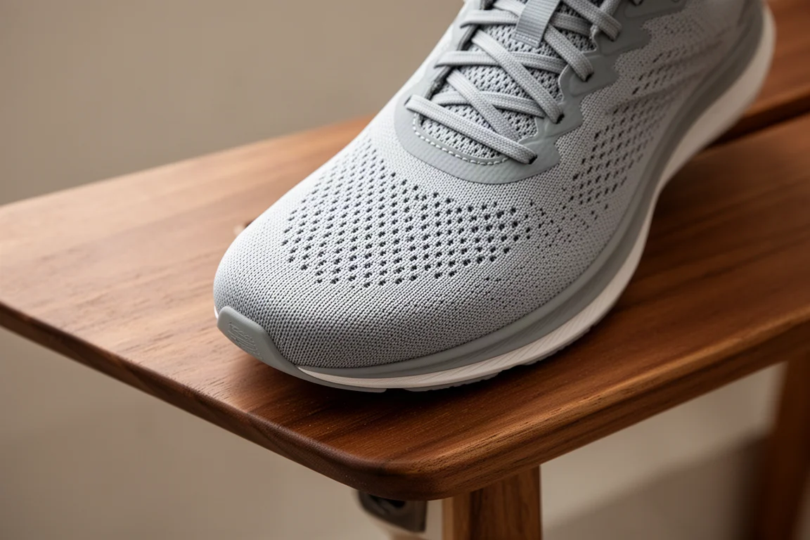 Snug woven forefoot upper of a running shoe seen from above