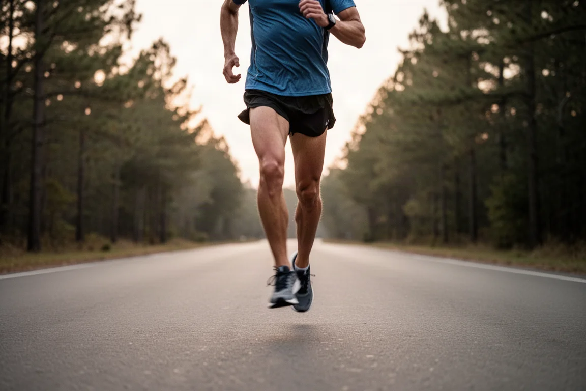 Runner holding tempo pace on an open road in soft evening light