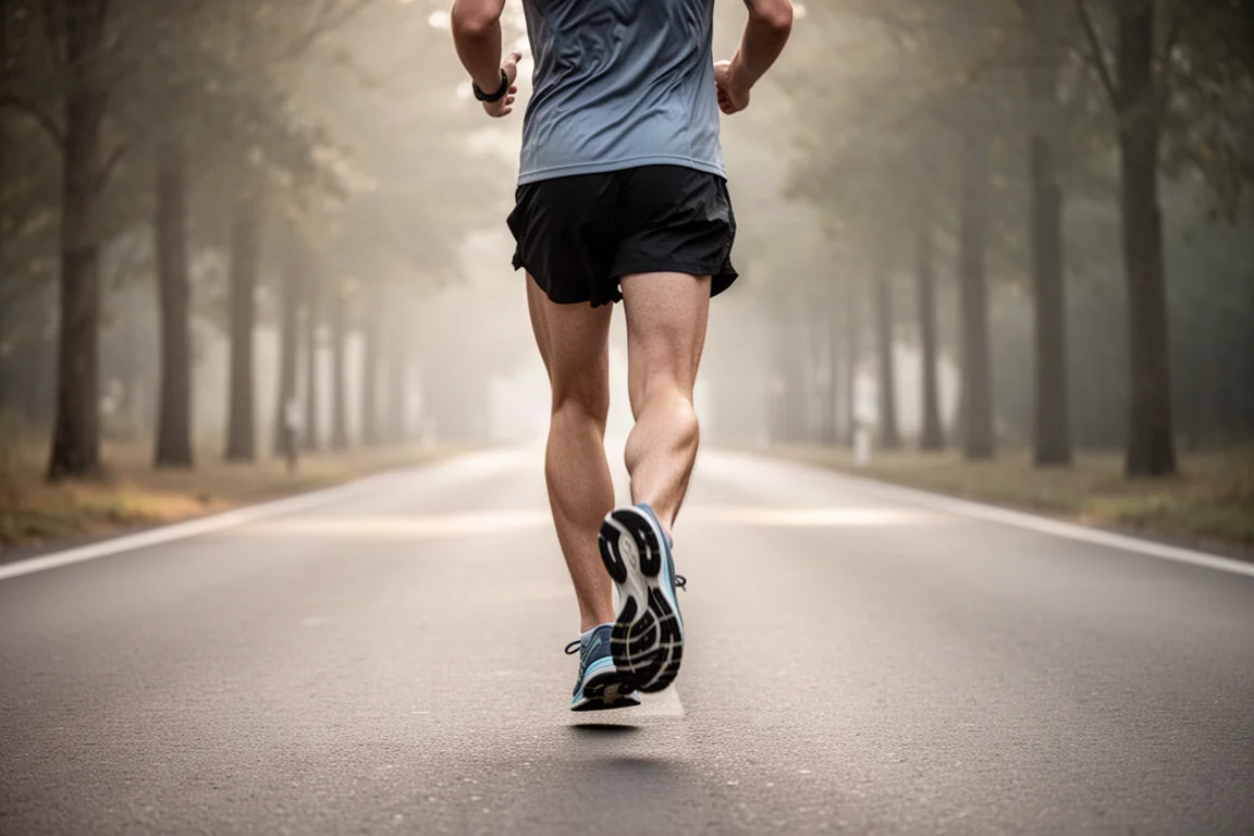 Runner che registra una corsa di recupero su una strada silenziosa alberata