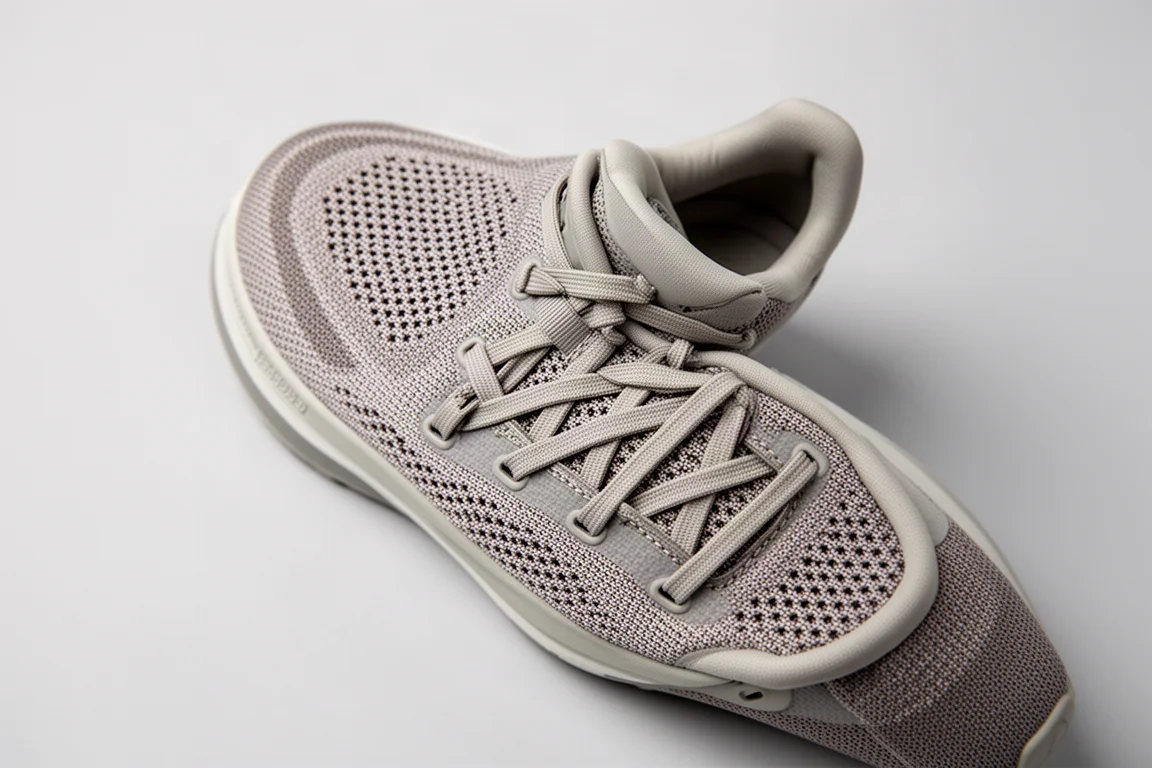 Dettaglio di una tomaia da running in mesh tecnico con lacci piatti