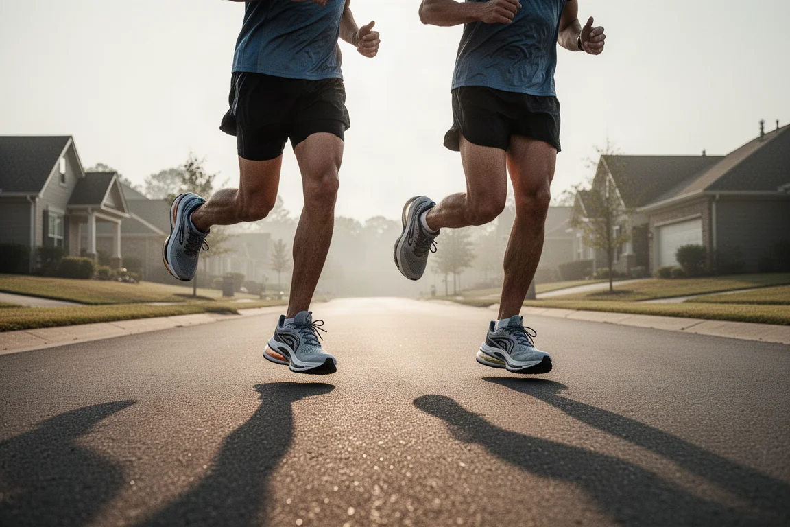 Corredores treinando juntos em uma estrada aberta durante um longo treino em ritmo forte