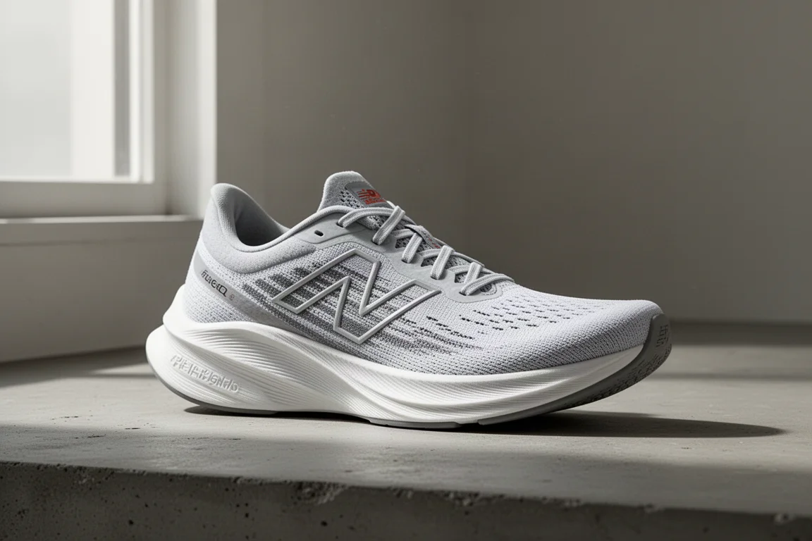 Tall-stacked running shoe with white foam midsole on matte concrete surface