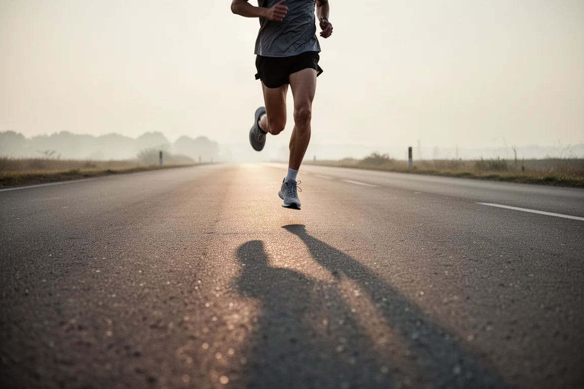 Runner a metà passata su una strada asfaltata tranquilla nella morbida luce del mattino