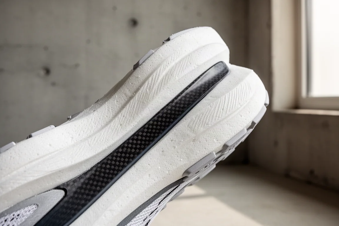 Primo piano della intersuola spessa di una scarpa da running con strati di schiuma e piastra in carbonio