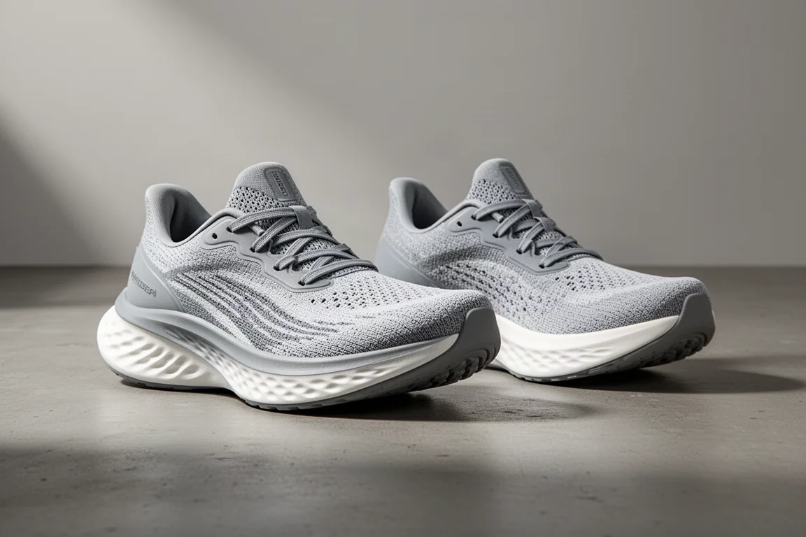 Due versioni di una scarpa da running con suola spessa affiancate sul cemento