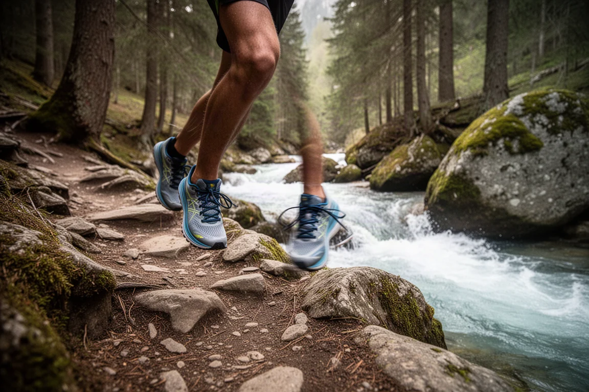 Zapatillas de un corredor de trail en un sendero de montaña rocoso junto a un río caudaloso