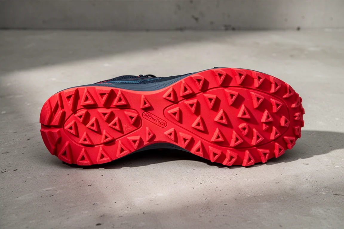 Suela exterior roja brillante con tacos triangulares de una zapatilla de trail